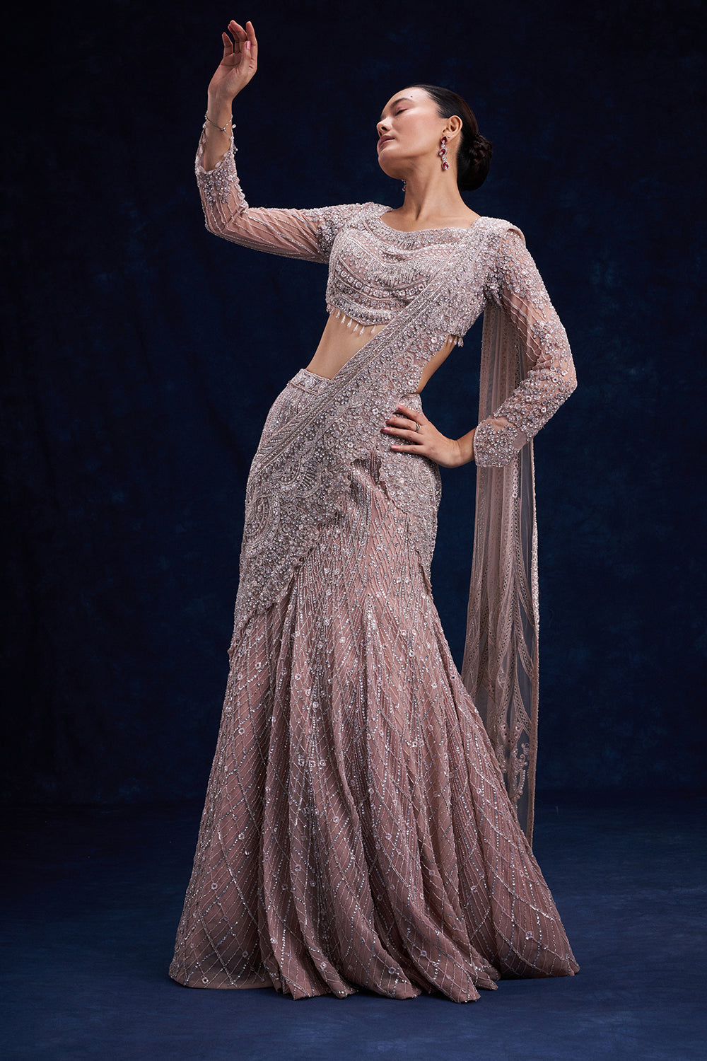 Pale Brown Net Ready Pleated Saree with Cutdana, Sequin and Bead Work