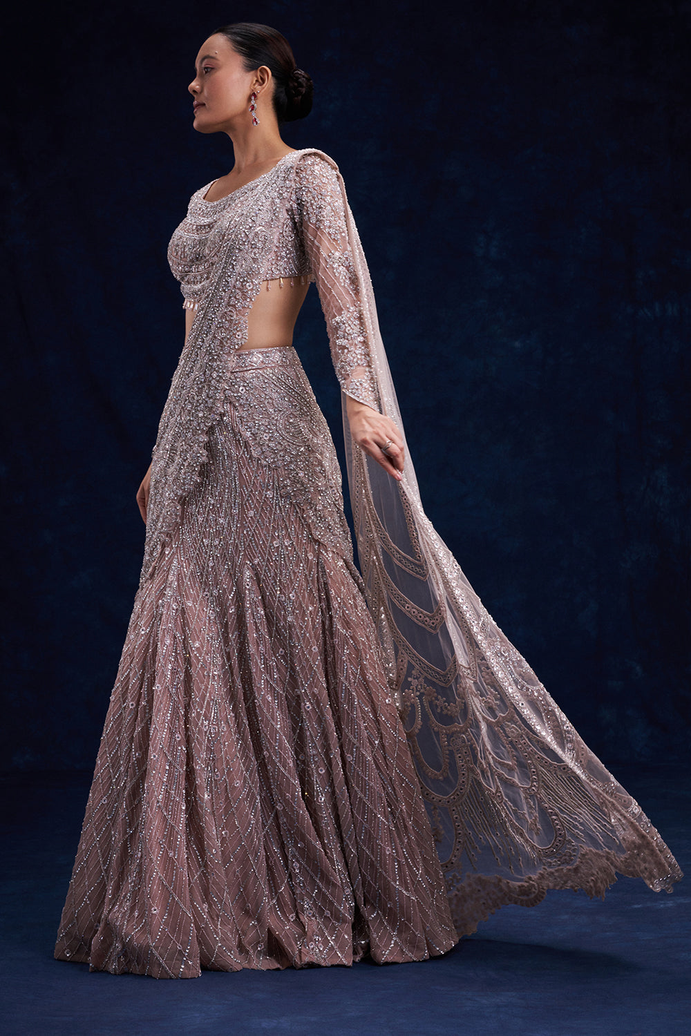 Pale Brown Net Ready Pleated Saree with Cutdana, Sequin and Bead Work