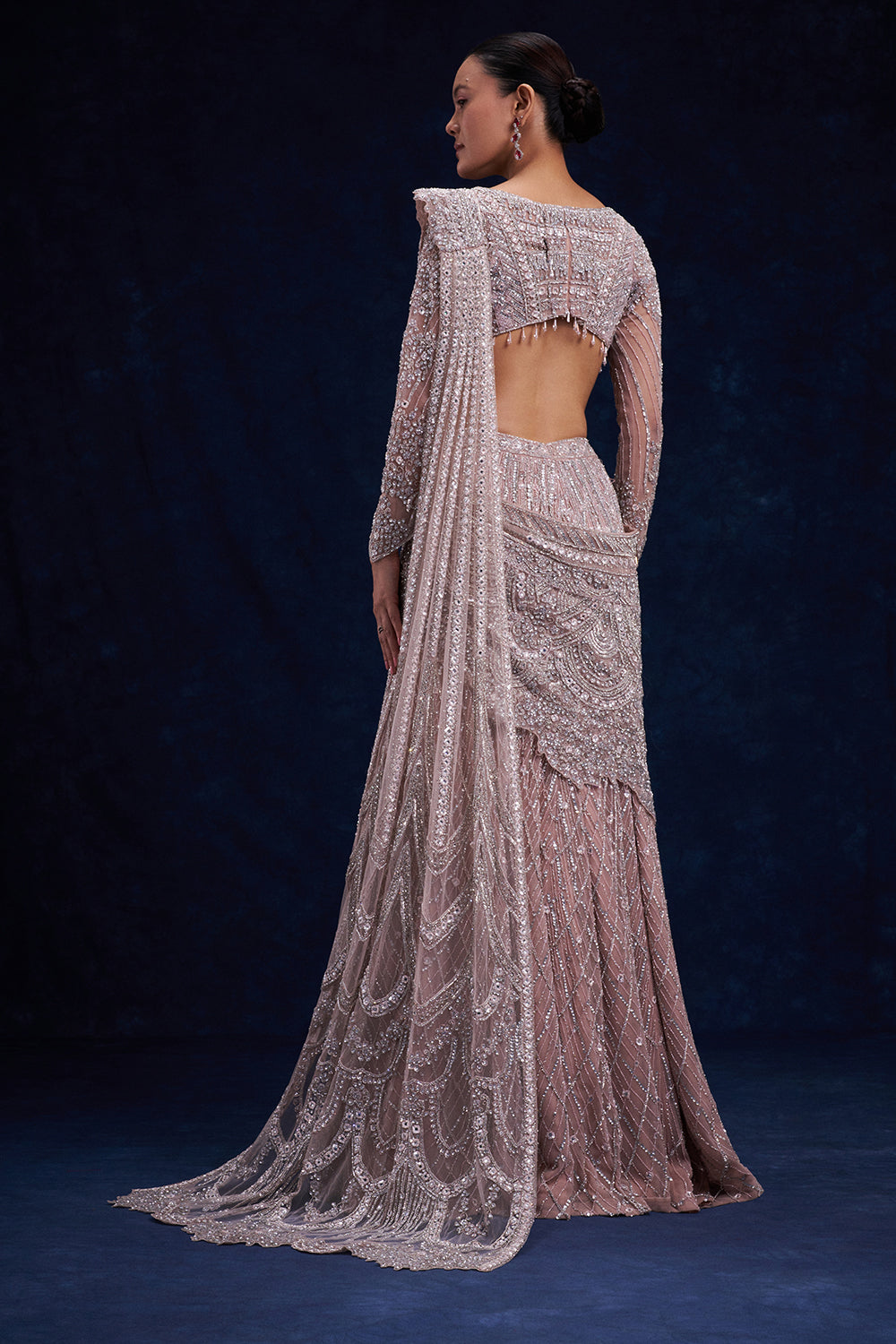 Pale Brown Net Ready Pleated Saree with Cutdana, Sequin and Bead Work