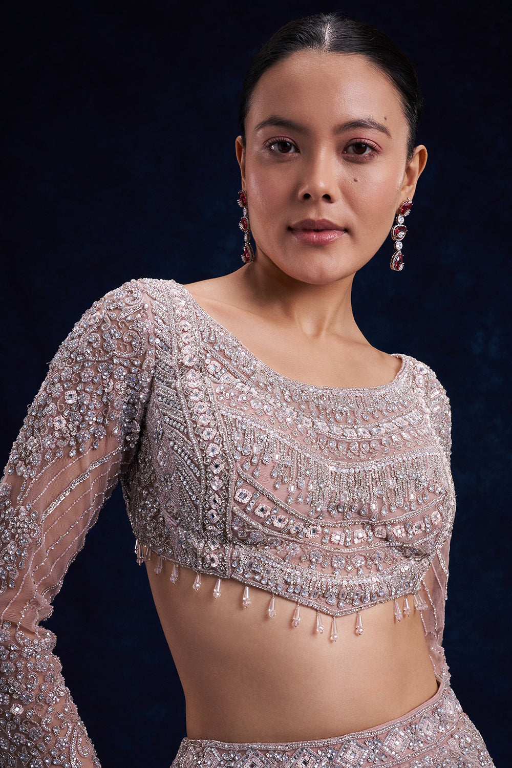 Pale Brown Net Ready Pleated Saree with Cutdana, Sequin and Bead Work