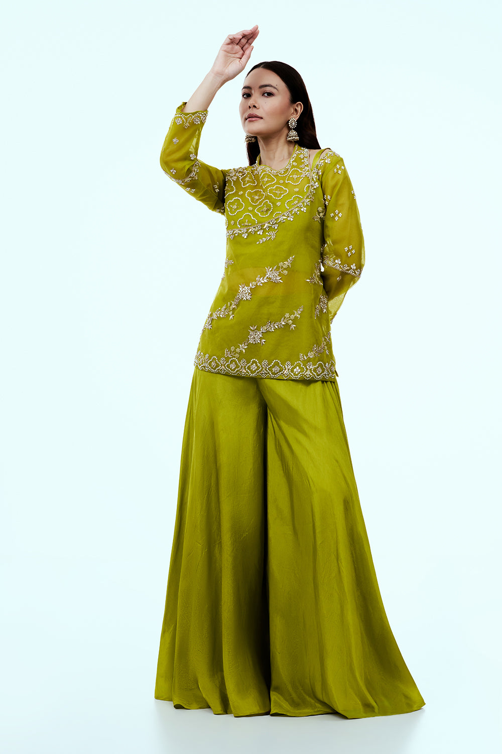 Parrot Green Uppada Silk Suit Set with Zardosi Work