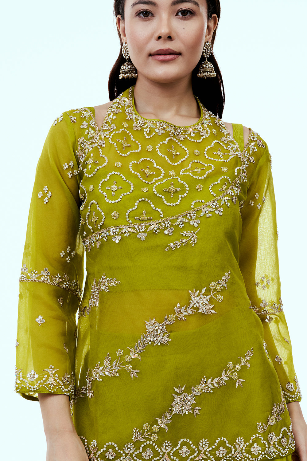 Parrot Green Uppada Silk Suit Set with Zardosi Work