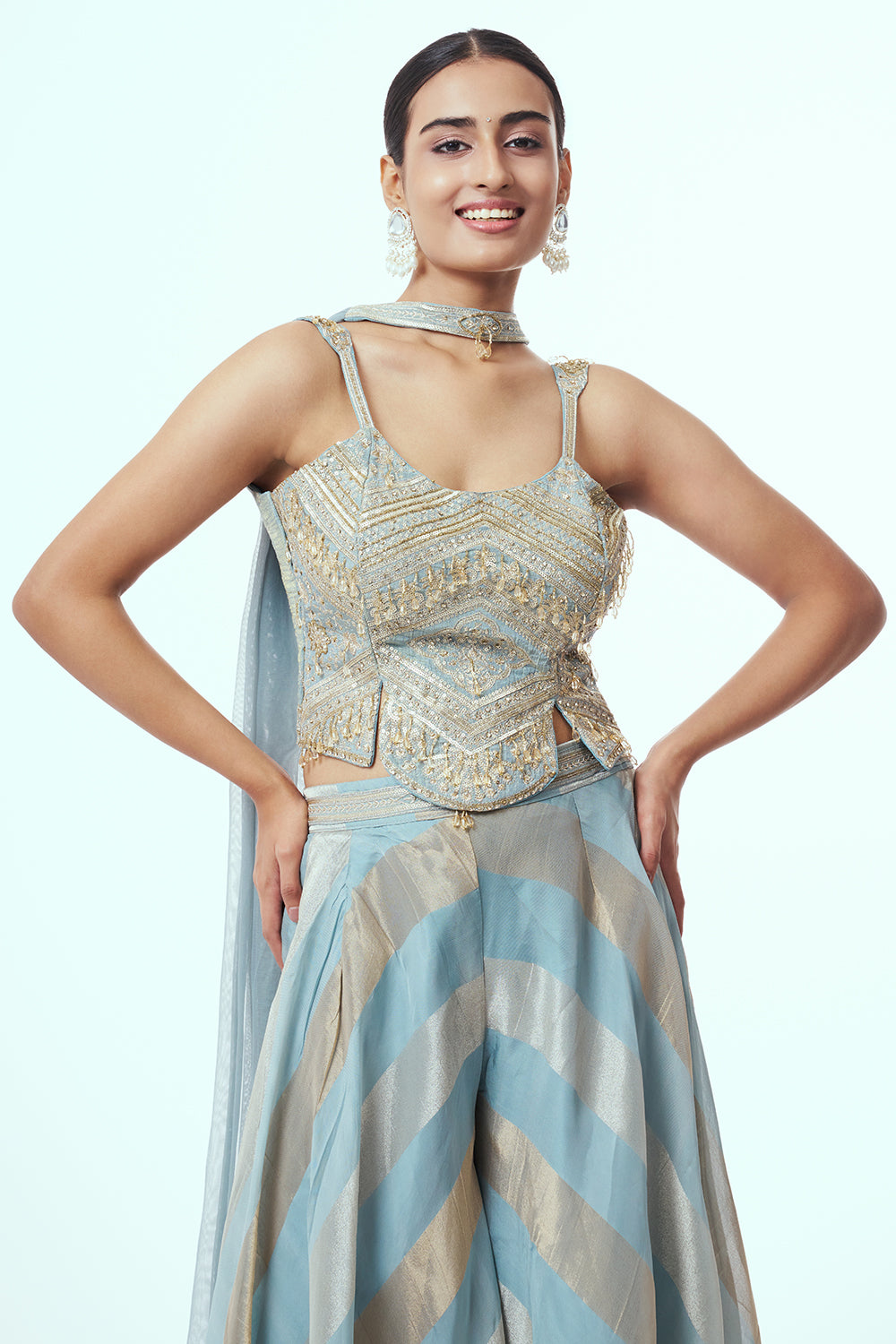 Pastel Blue Crepe Indo Western with Stone Work