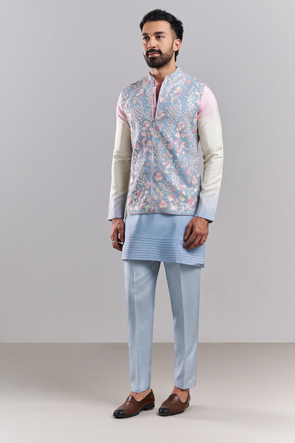Pastel Blue Linen Satin Men’s Kurta with Embroidered Jacket