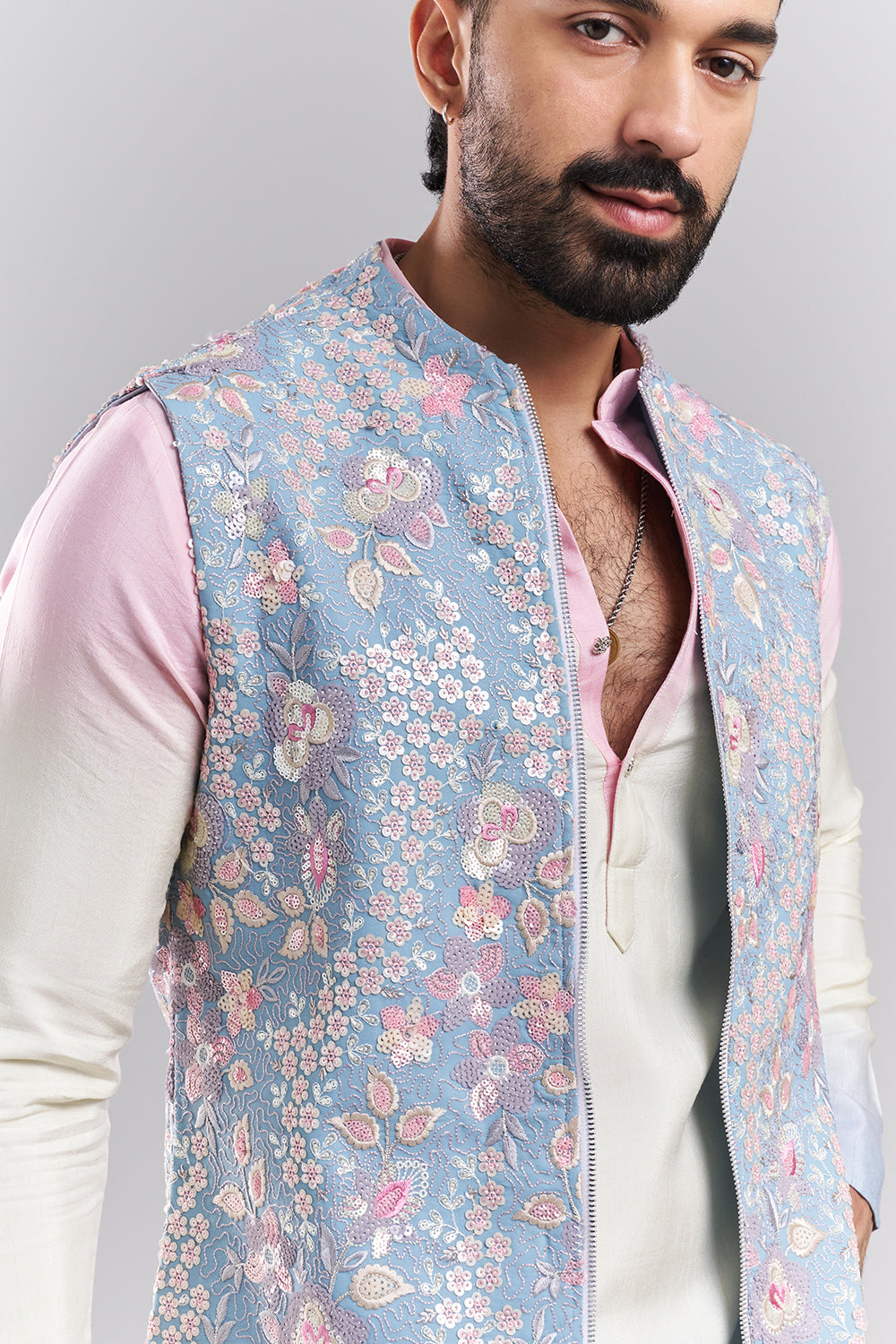 Pastel Blue Linen Satin Men’s Kurta with Embroidered Jacket