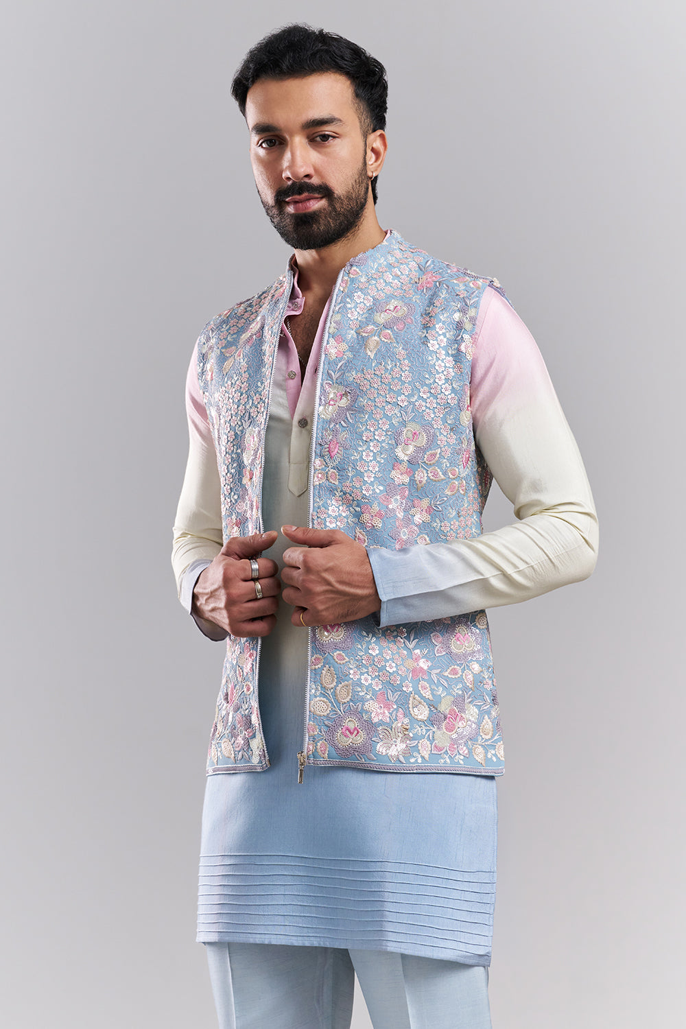 Pastel Blue Linen Satin Men’s Kurta with Embroidered Jacket