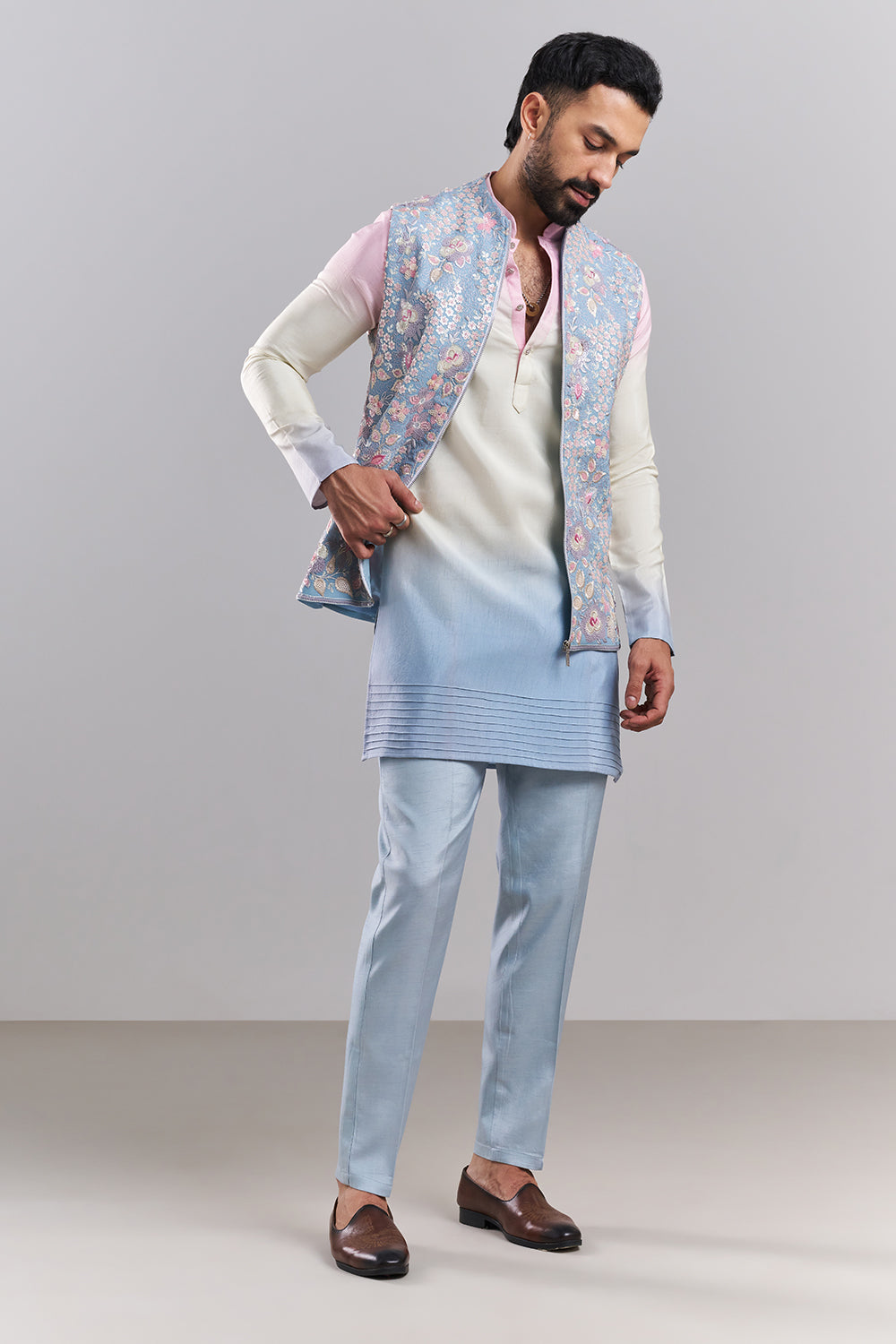 Pastel Blue Linen Satin Men’s Kurta with Embroidered Jacket