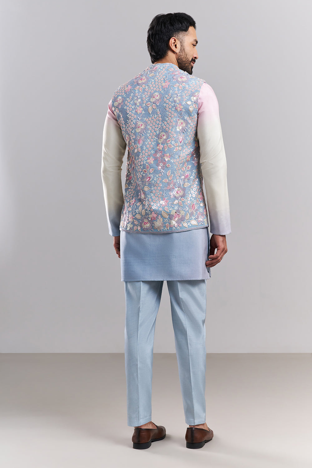 Pastel Blue Linen Satin Men’s Kurta with Embroidered Jacket