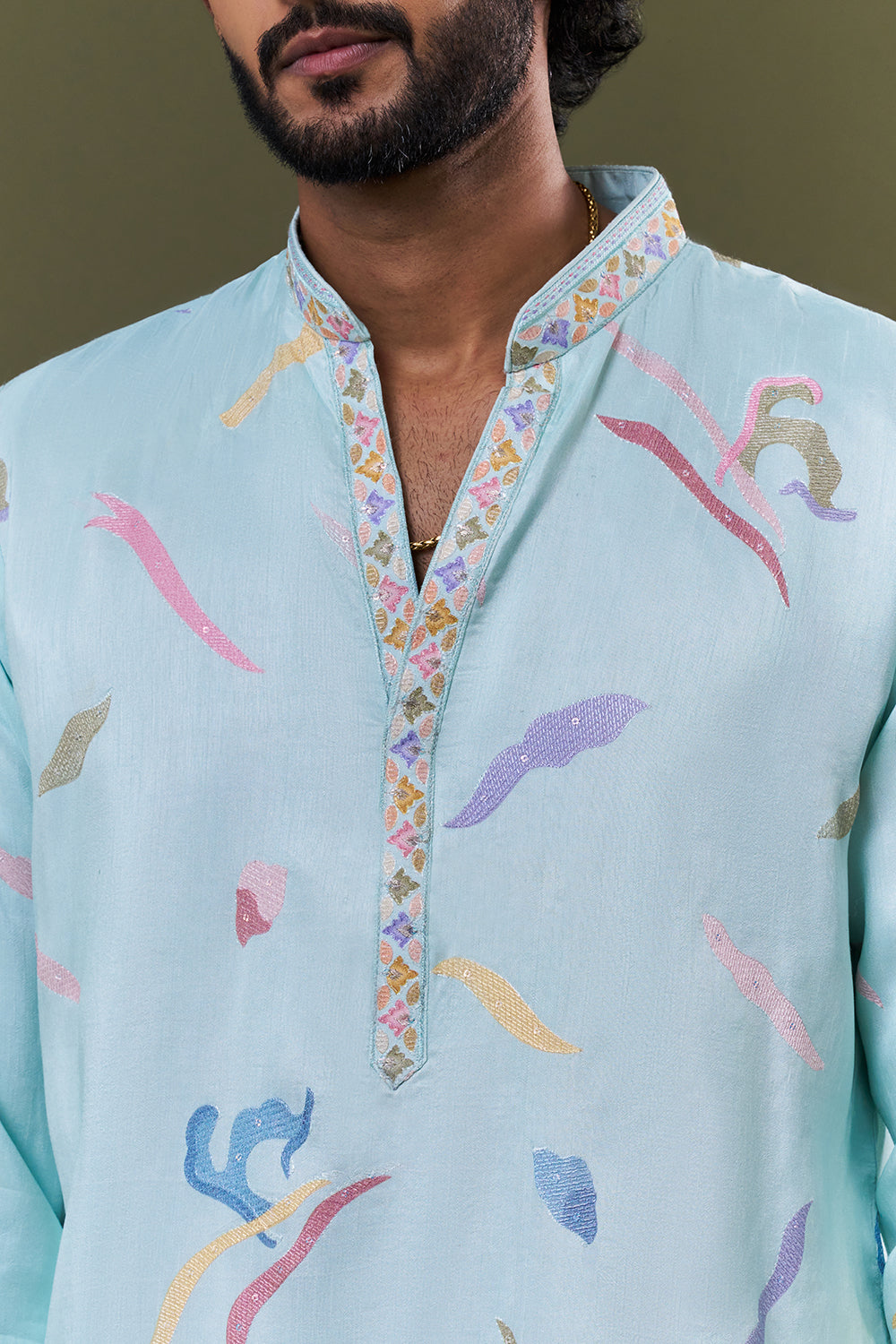 Pastel Blue Polyester Cotton Artistic Printed Kurta Set