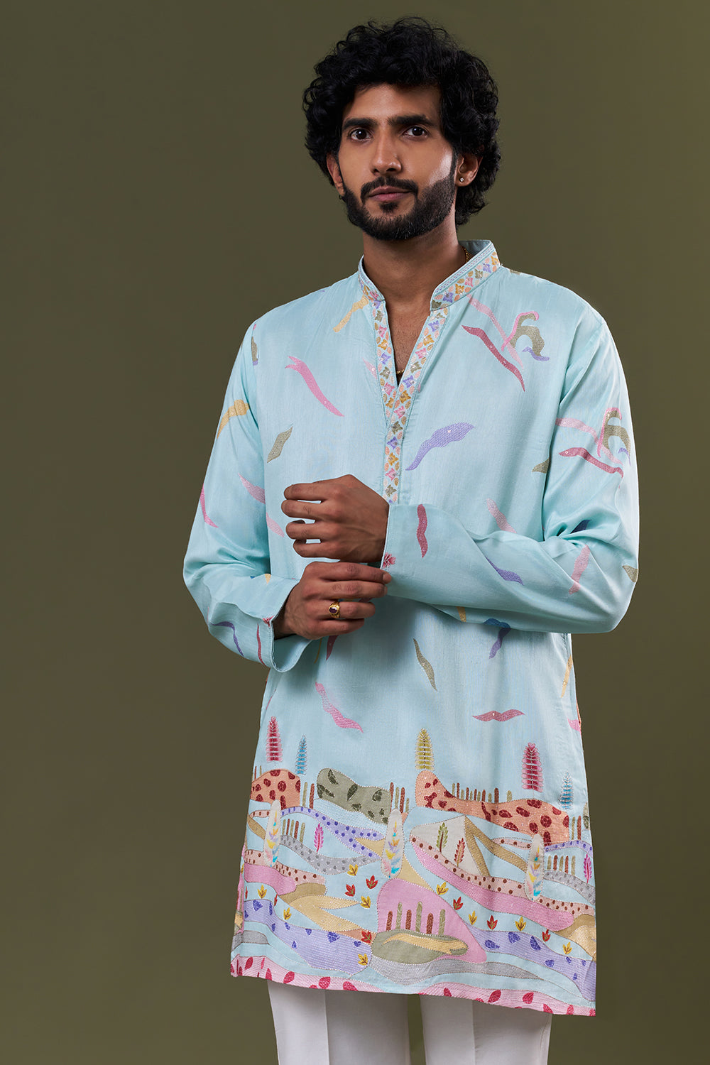 Pastel Blue Polyester Cotton Artistic Printed Kurta Set