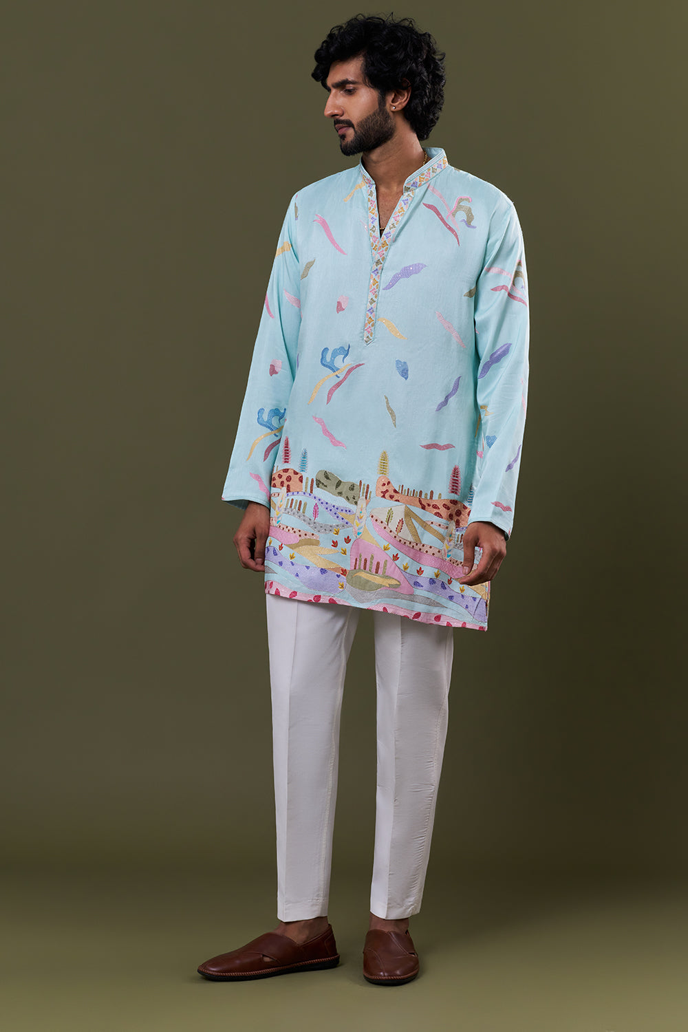 Pastel Blue Polyester Cotton Artistic Printed Kurta Set