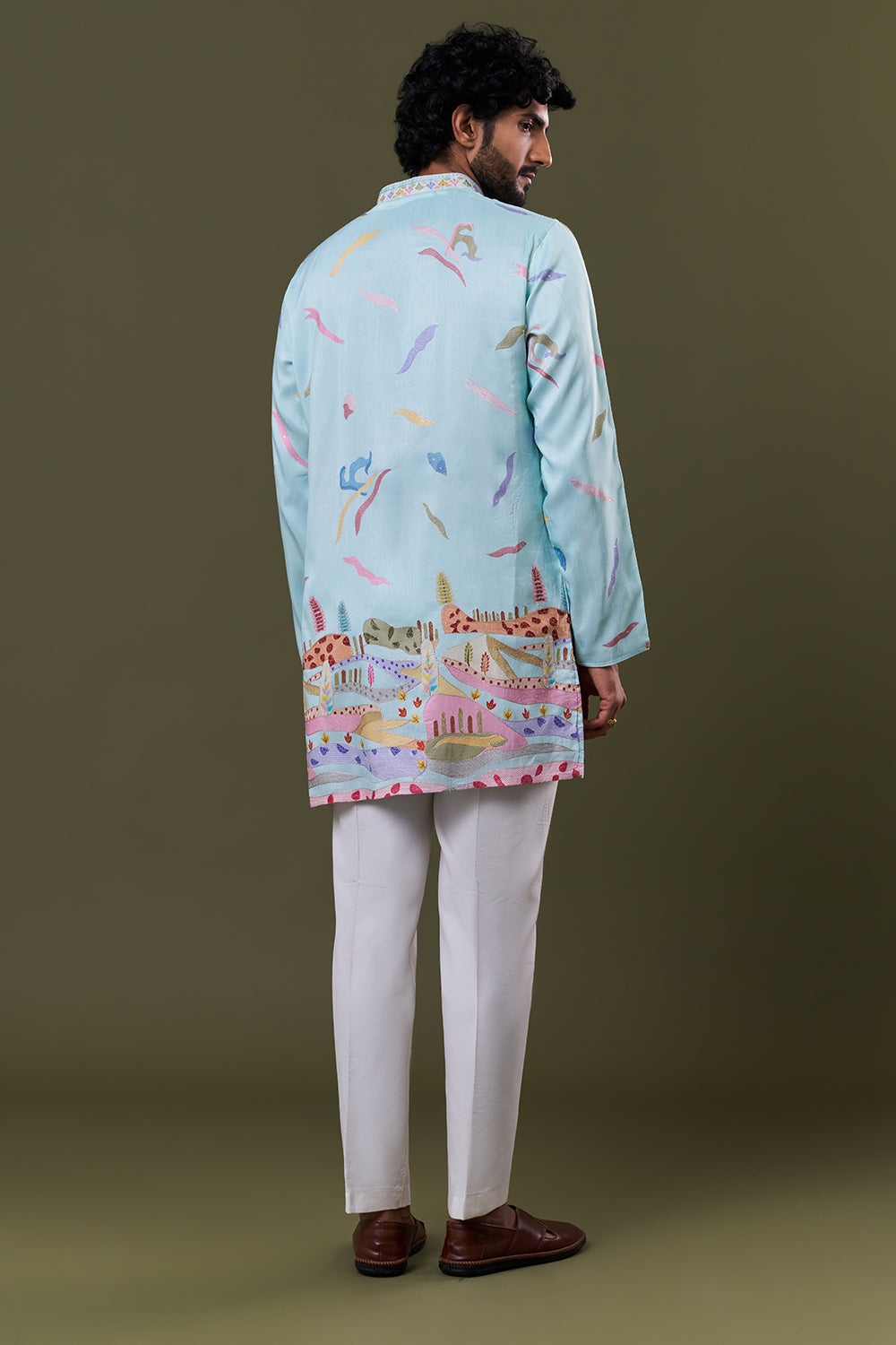 Pastel Blue Polyester Cotton Artistic Printed Kurta Set