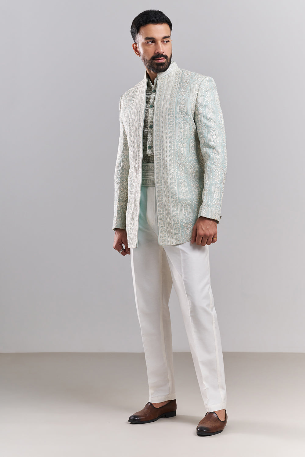 Pastel Blue Tissue Silk Embroidered Jodhpuri Set