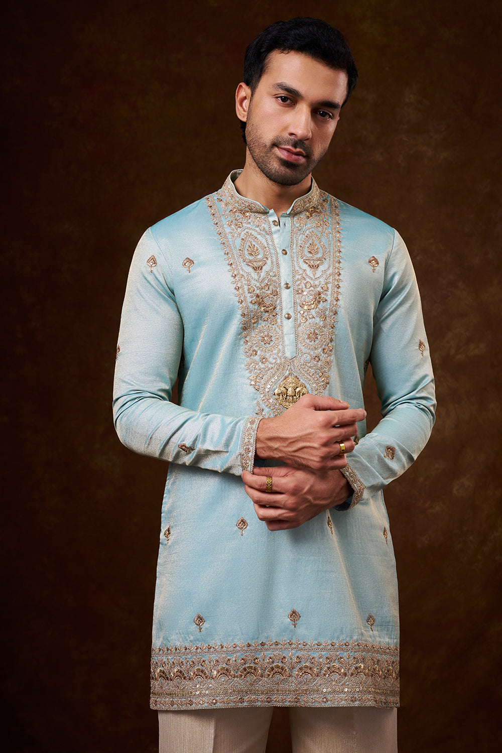 Pastel Blue Tissue Silk Men's Kurta Set with Dori Work
