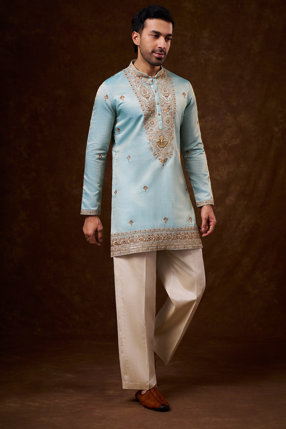 Pastel Blue Tissue Silk Men's Kurta Set with Dori Work