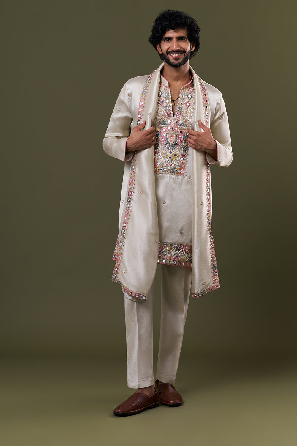 Gold Tissue Silk Mirror Embellished Kurta Set with Stole