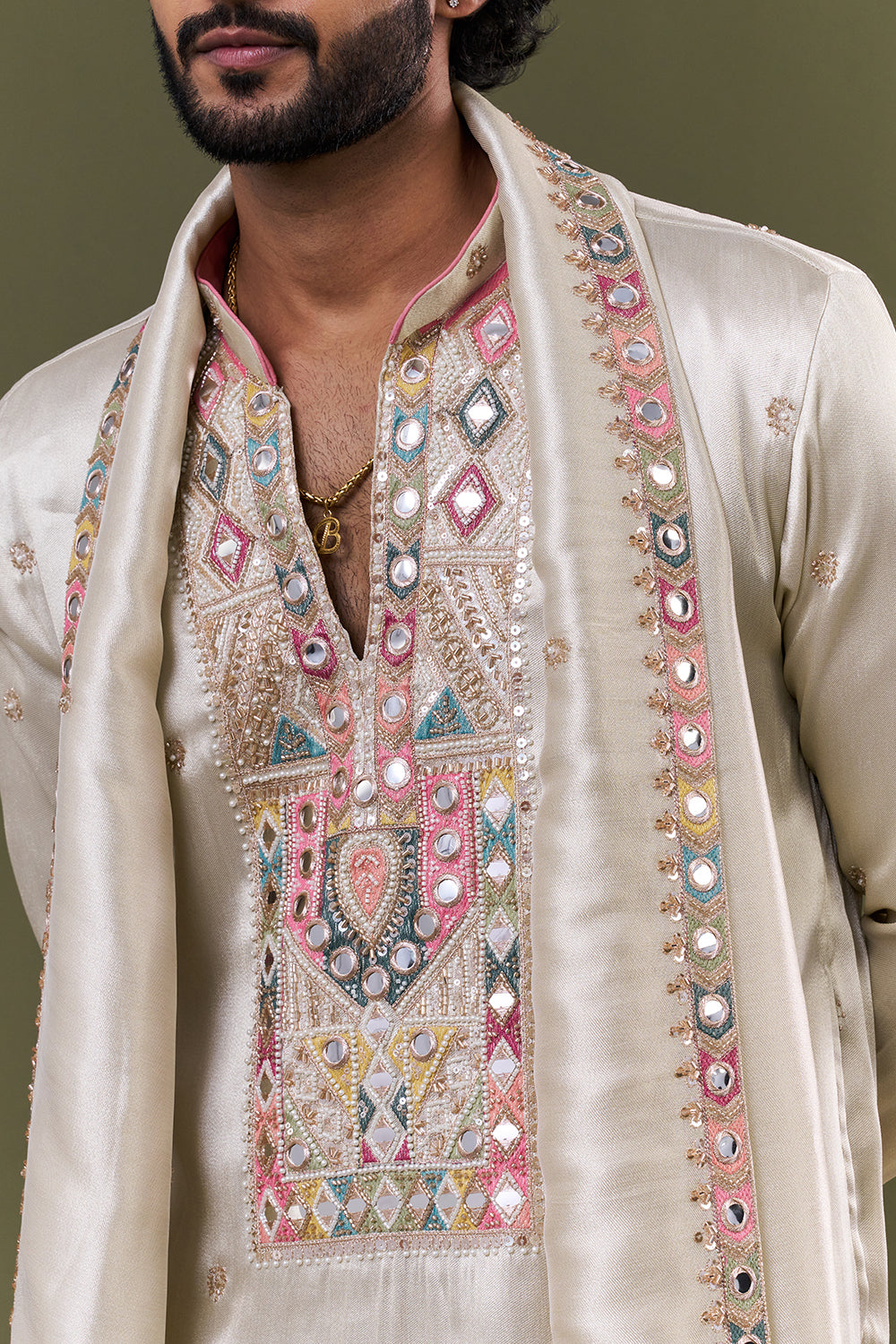 Gold Tissue Silk Mirror Embellished Kurta Set with Stole