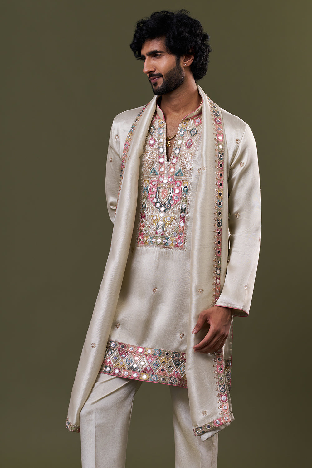 Gold Tissue Silk Mirror Embellished Kurta Set with Stole