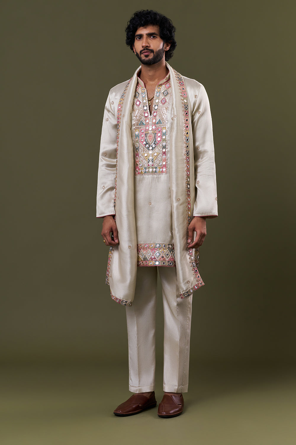 Gold Tissue Silk Mirror Embellished Kurta Set with Stole