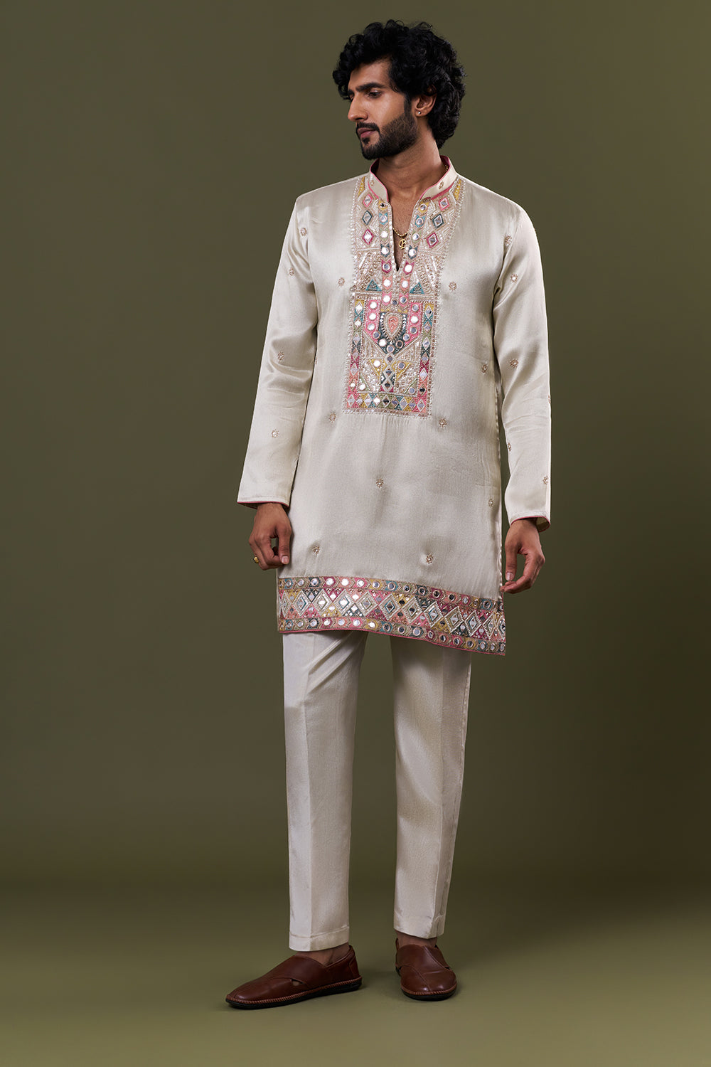Gold Tissue Silk Mirror Embellished Kurta Set with Stole