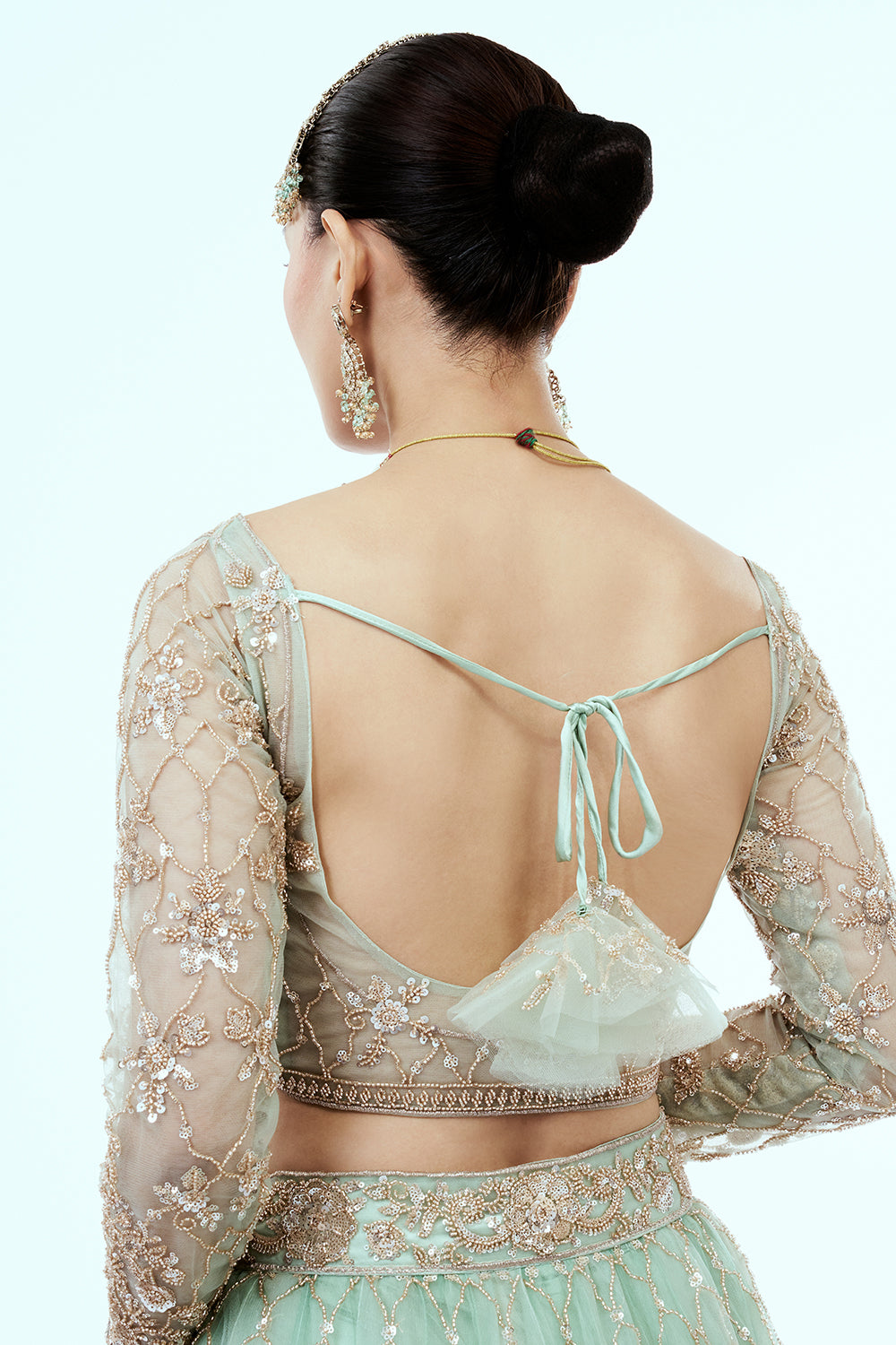 Pastel Green Hand Embroidered Net Lehenga with Cutdana Work