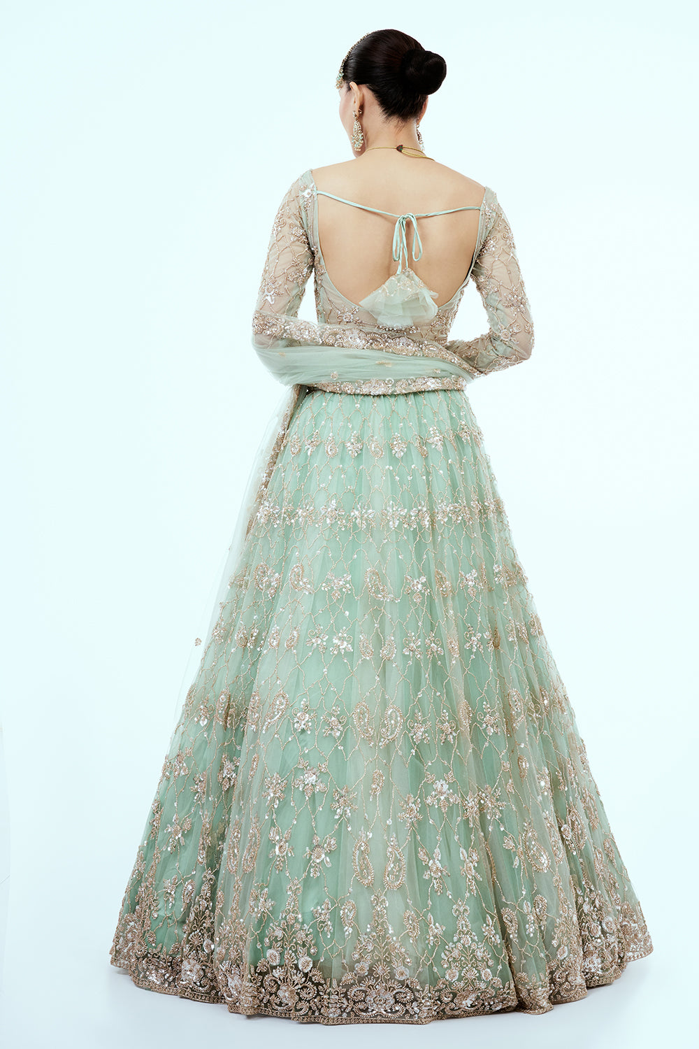 Pastel Green Hand Embroidered Net Lehenga with Cutdana Work