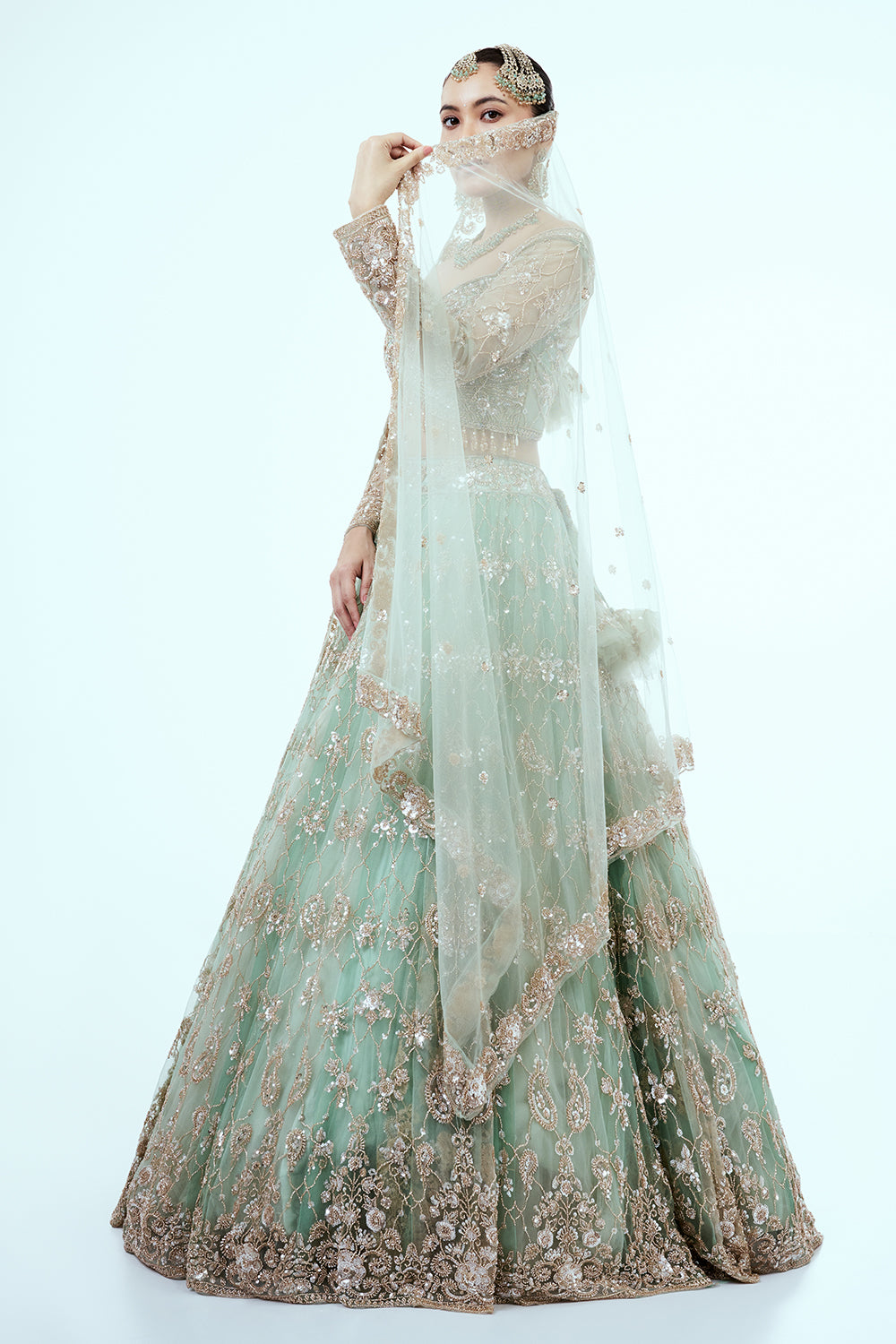 Pastel Green Hand Embroidered Net Lehenga with Cutdana Work