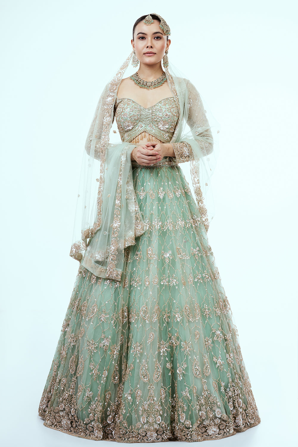 Pastel Green Hand Embroidered Net Lehenga with Cutdana Work