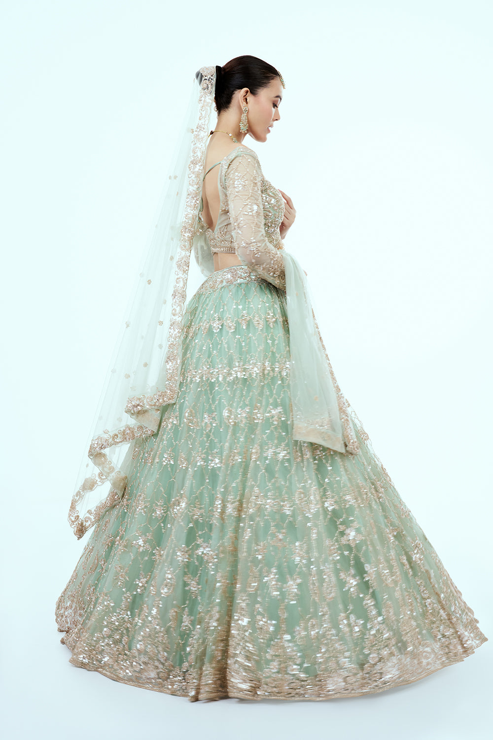 Pastel Green Hand Embroidered Net Lehenga with Cutdana Work