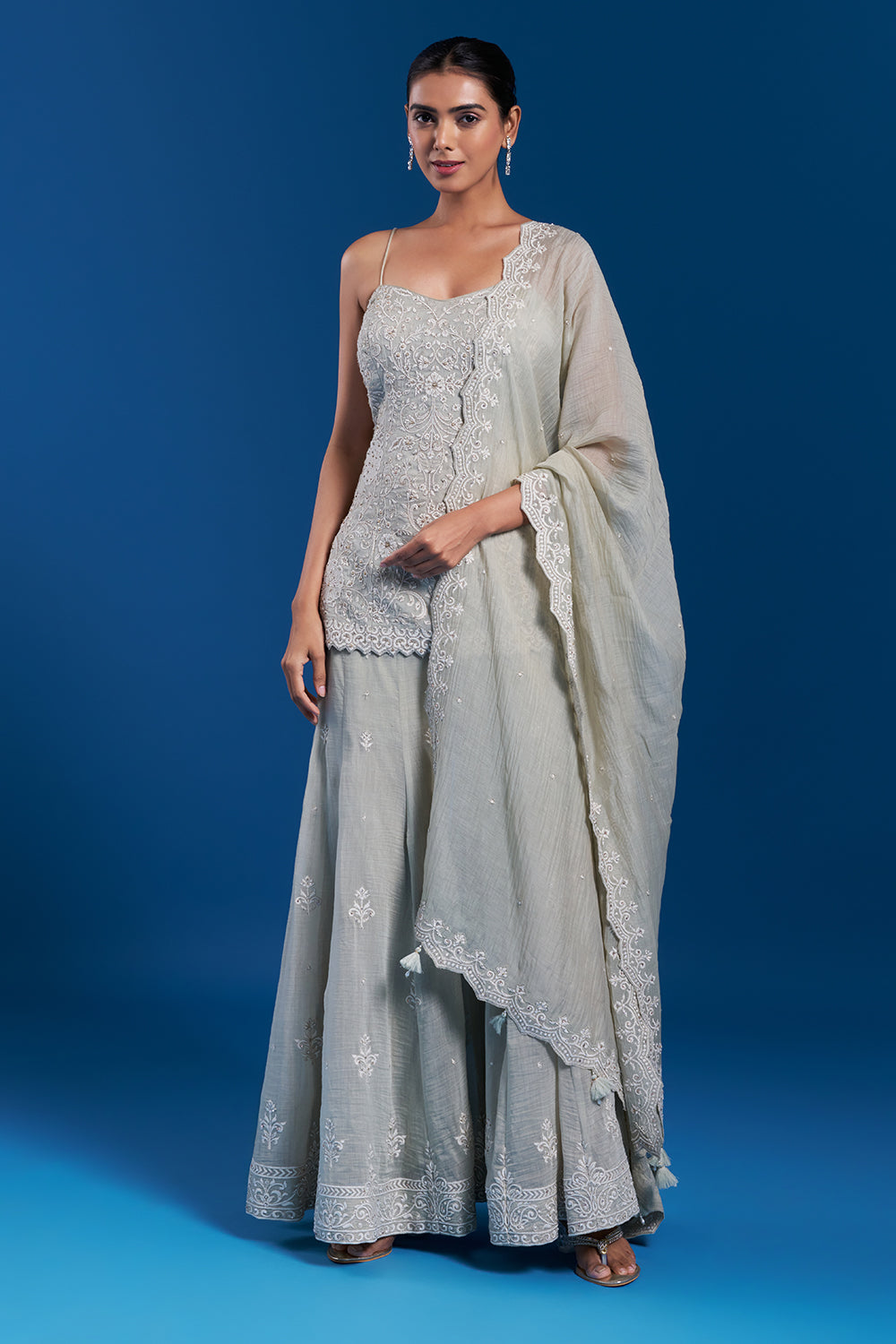 Pastel Green Muslin Palazzo Set with Resham Embroidery
