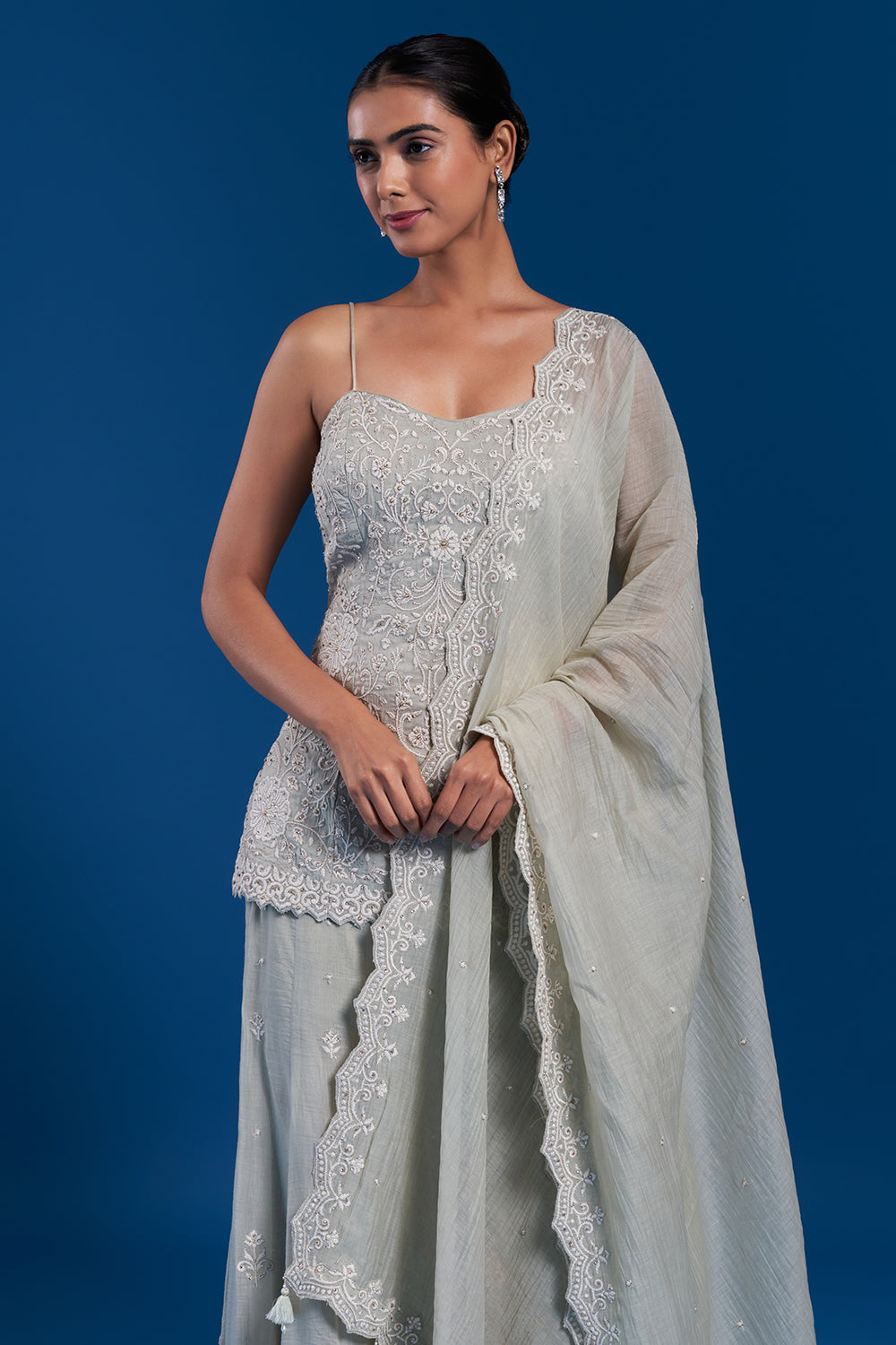Pastel Green Muslin Palazzo Set with Resham Embroidery