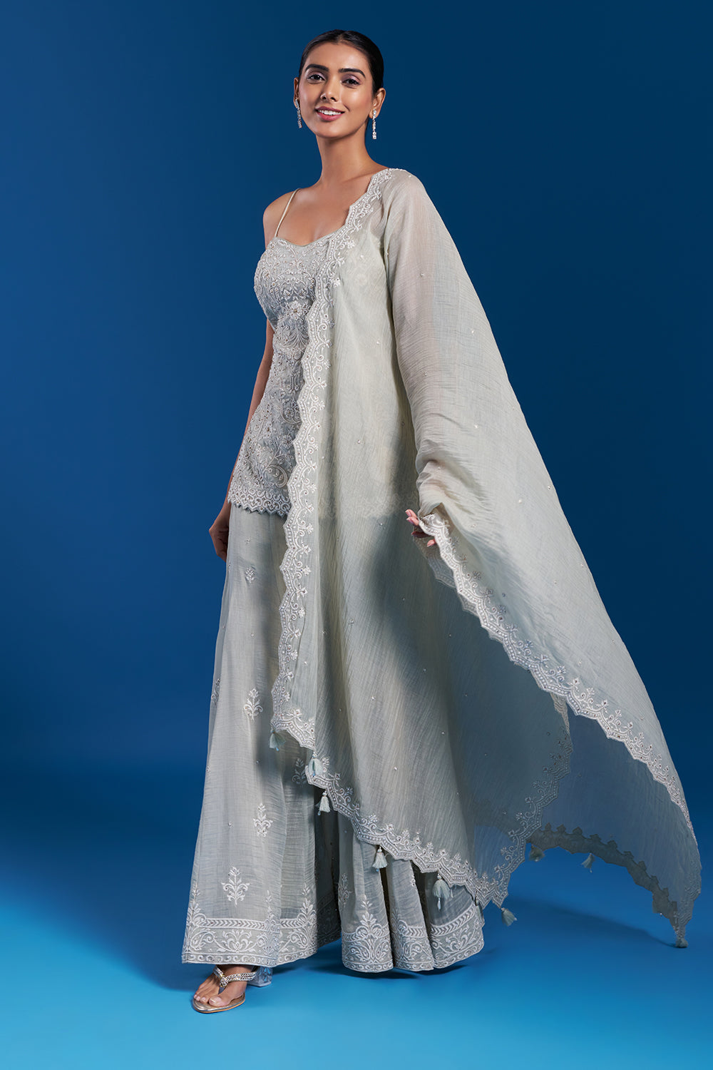 Pastel Green Muslin Palazzo Set with Resham Embroidery
