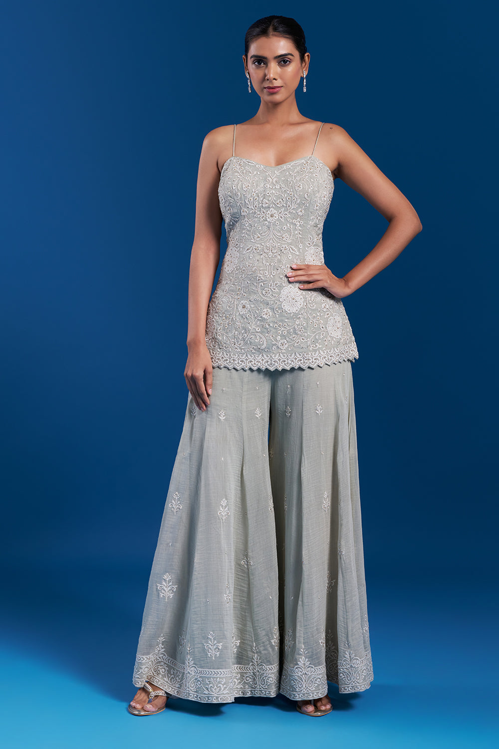 Pastel Green Muslin Palazzo Set with Resham Embroidery