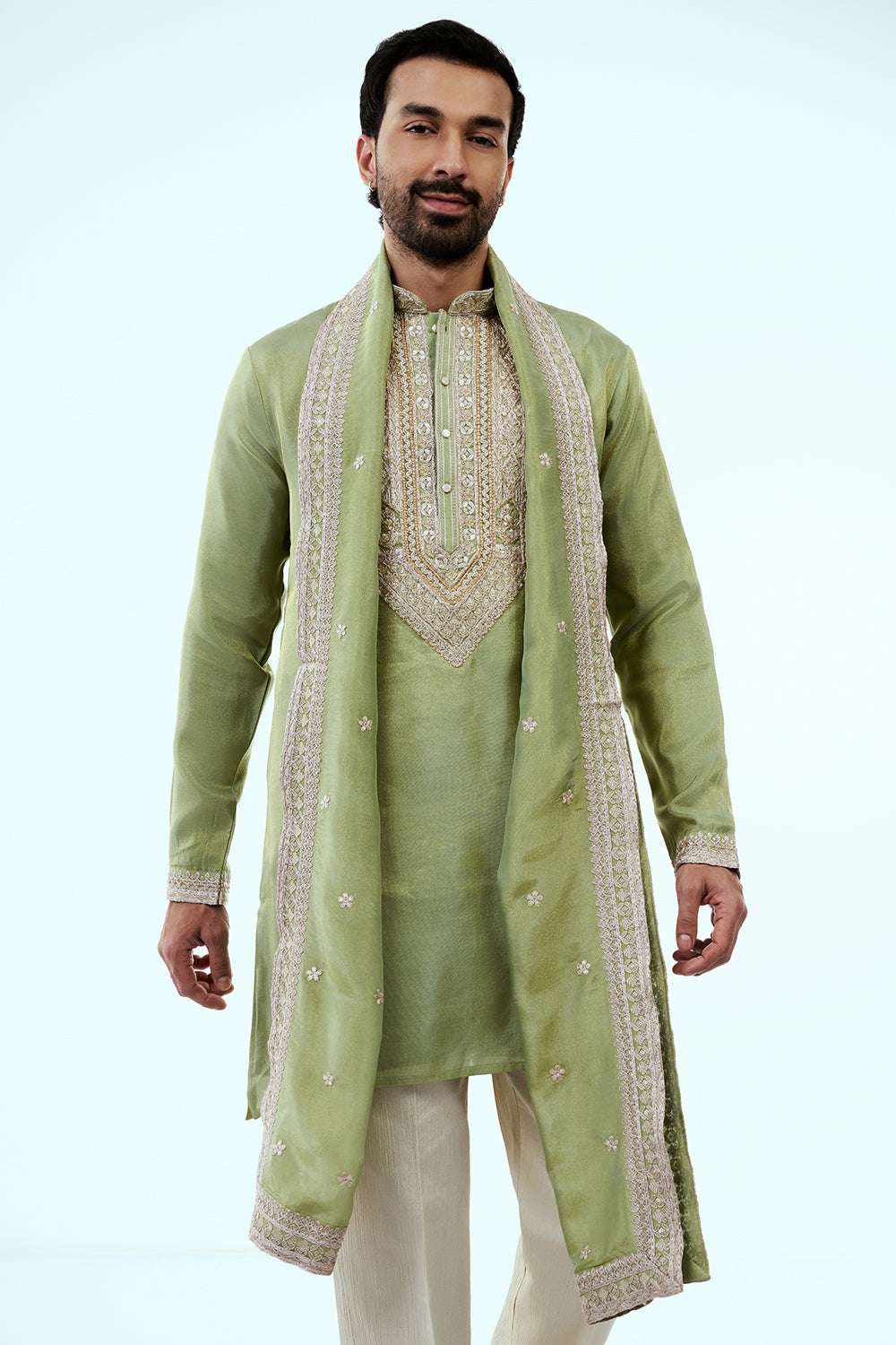 Pastel Green Tissue Mens Kurta Set in Dori Work with Dupatta