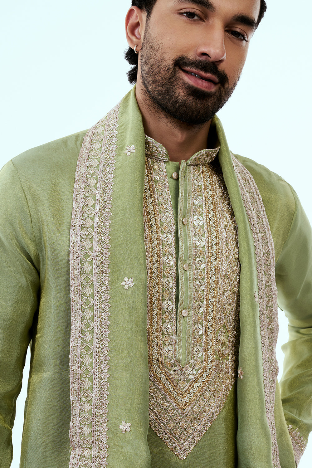 Pastel Green Tissue Mens Kurta Set in Dori Work with Dupatta