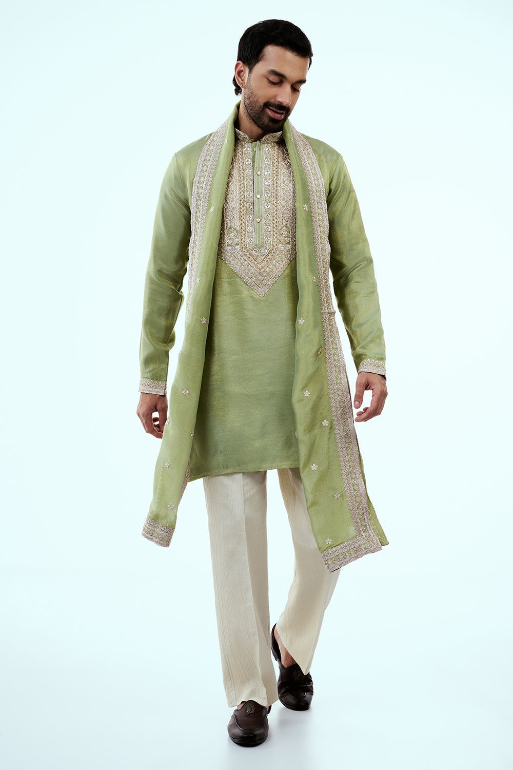 Pastel Green Tissue Mens Kurta Set in Dori Work with Dupatta