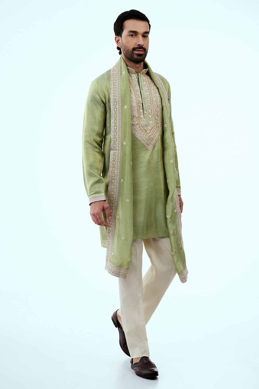 Pastel Green Tissue Mens Kurta Set in Dori Work with Dupatta