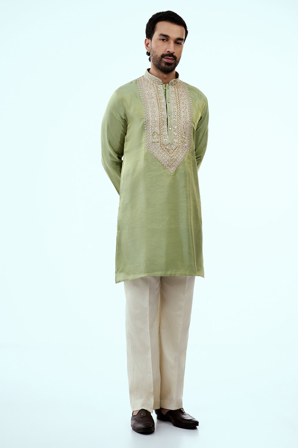 Pastel Green Tissue Mens Kurta Set in Dori Work with Dupatta
