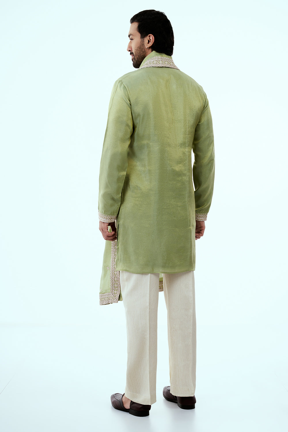 Pastel Green Tissue Mens Kurta Set in Dori Work with Dupatta