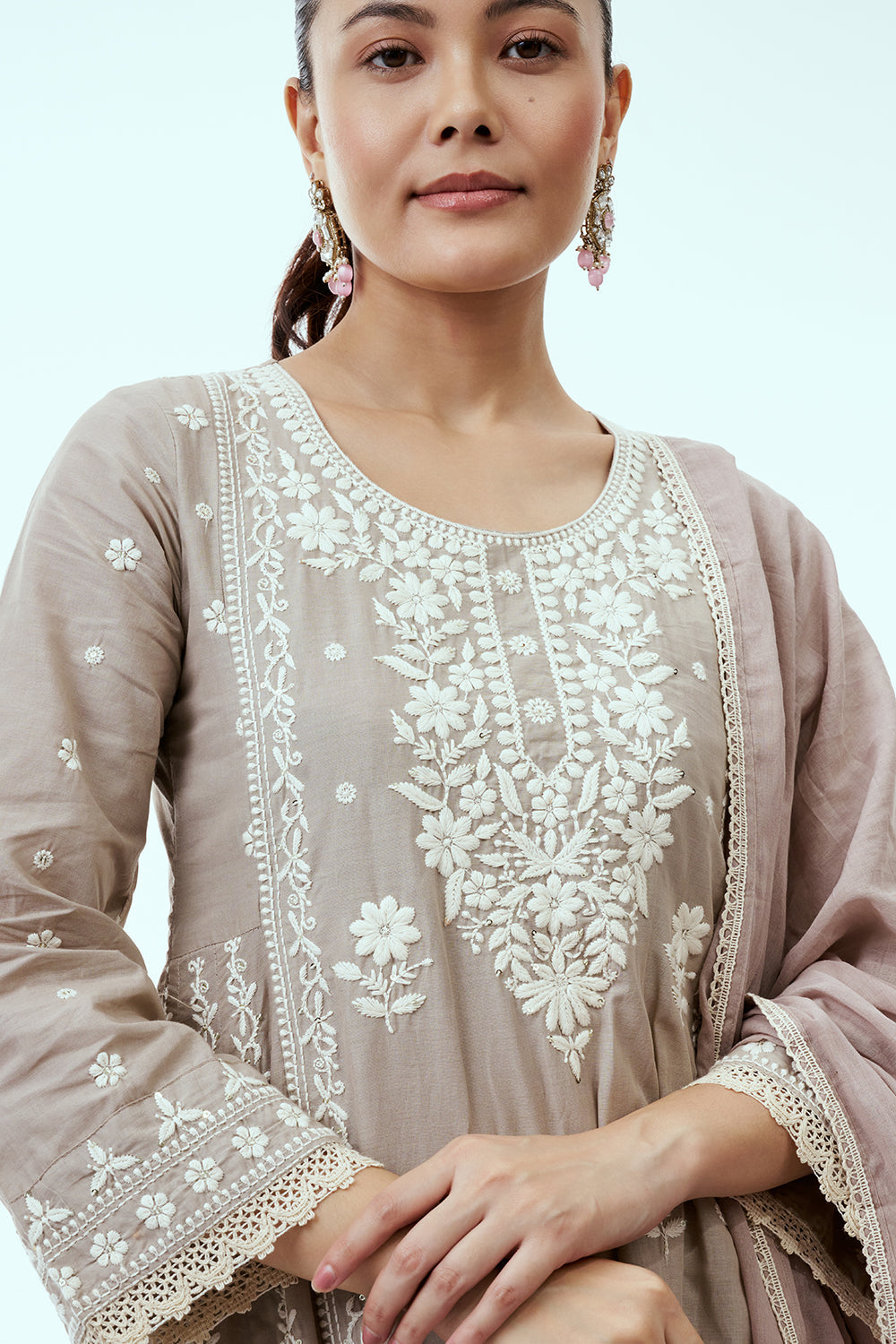 Light Grey Mul Cotton Suit Set with Lucknowi Embroidery