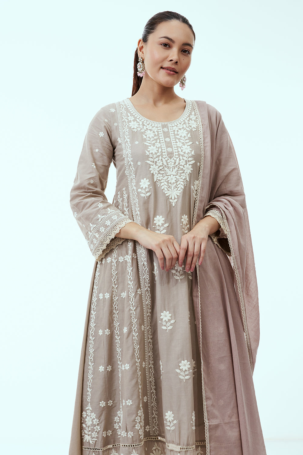 Light Grey Mul Cotton Suit Set with Lucknowi Embroidery
