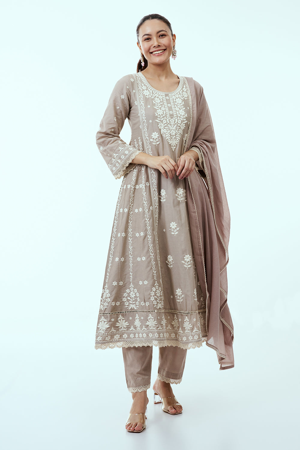 Light Grey Mul Cotton Suit Set with Lucknowi Embroidery