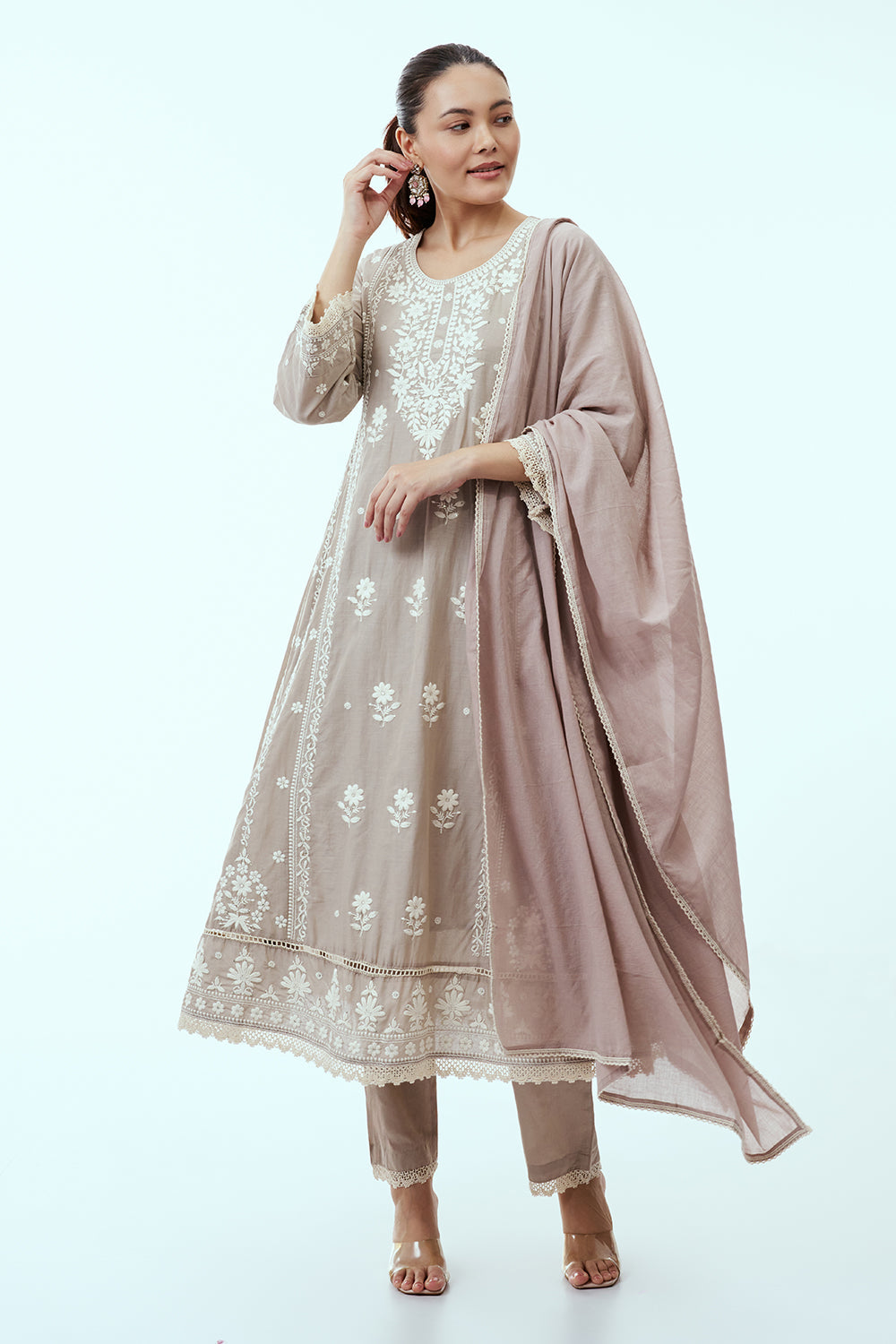 Light Grey Mul Cotton Suit Set with Lucknowi Embroidery