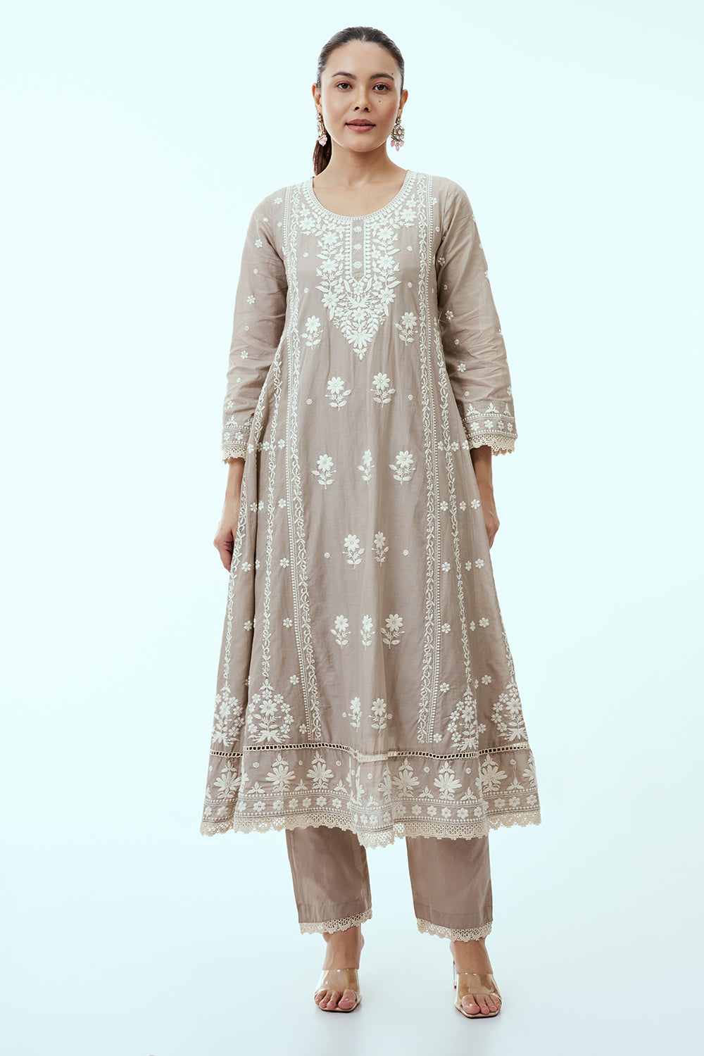 Light Grey Mul Cotton Suit Set with Lucknowi Embroidery