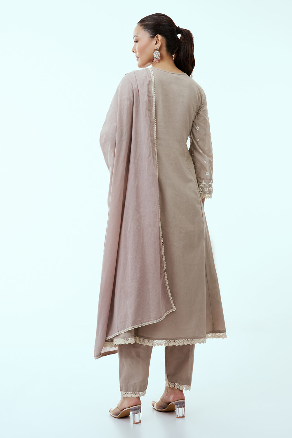Light Grey Mul Cotton Suit Set with Lucknowi Embroidery