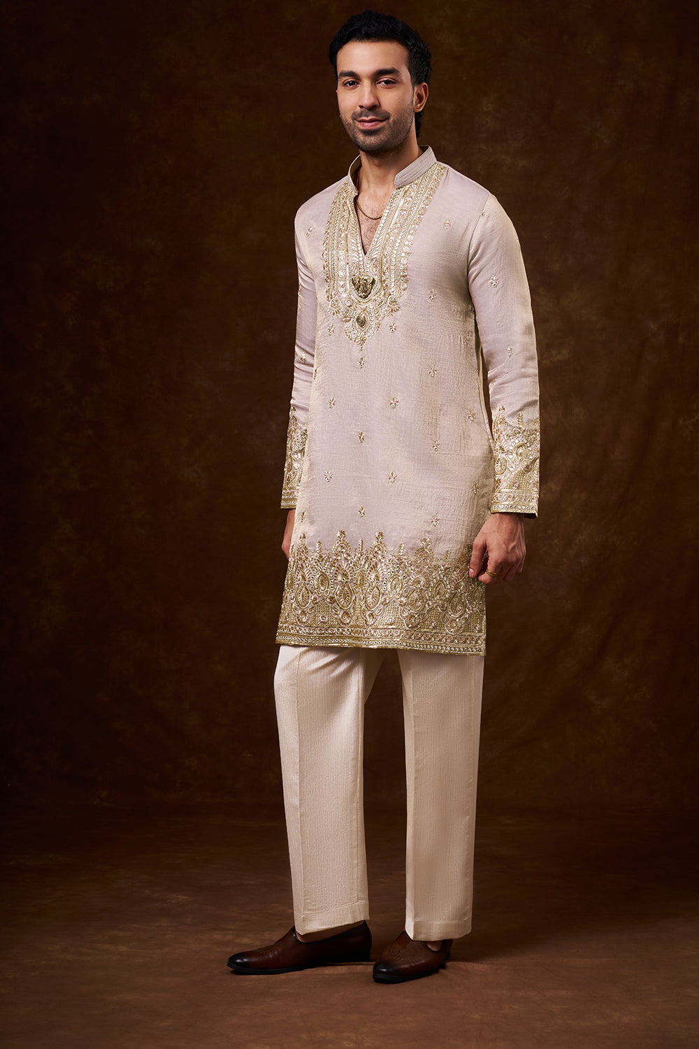 Pastel Lavender Tissue Silk Men's Kurta Set with Mirror Work