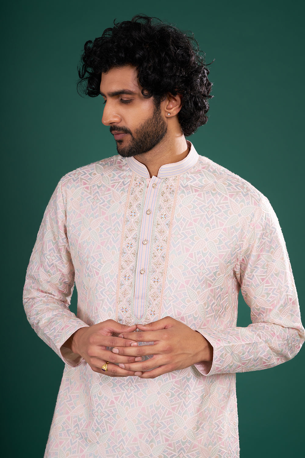 Pastel Pink Men's Embroidered Silk Blend Kurta Set