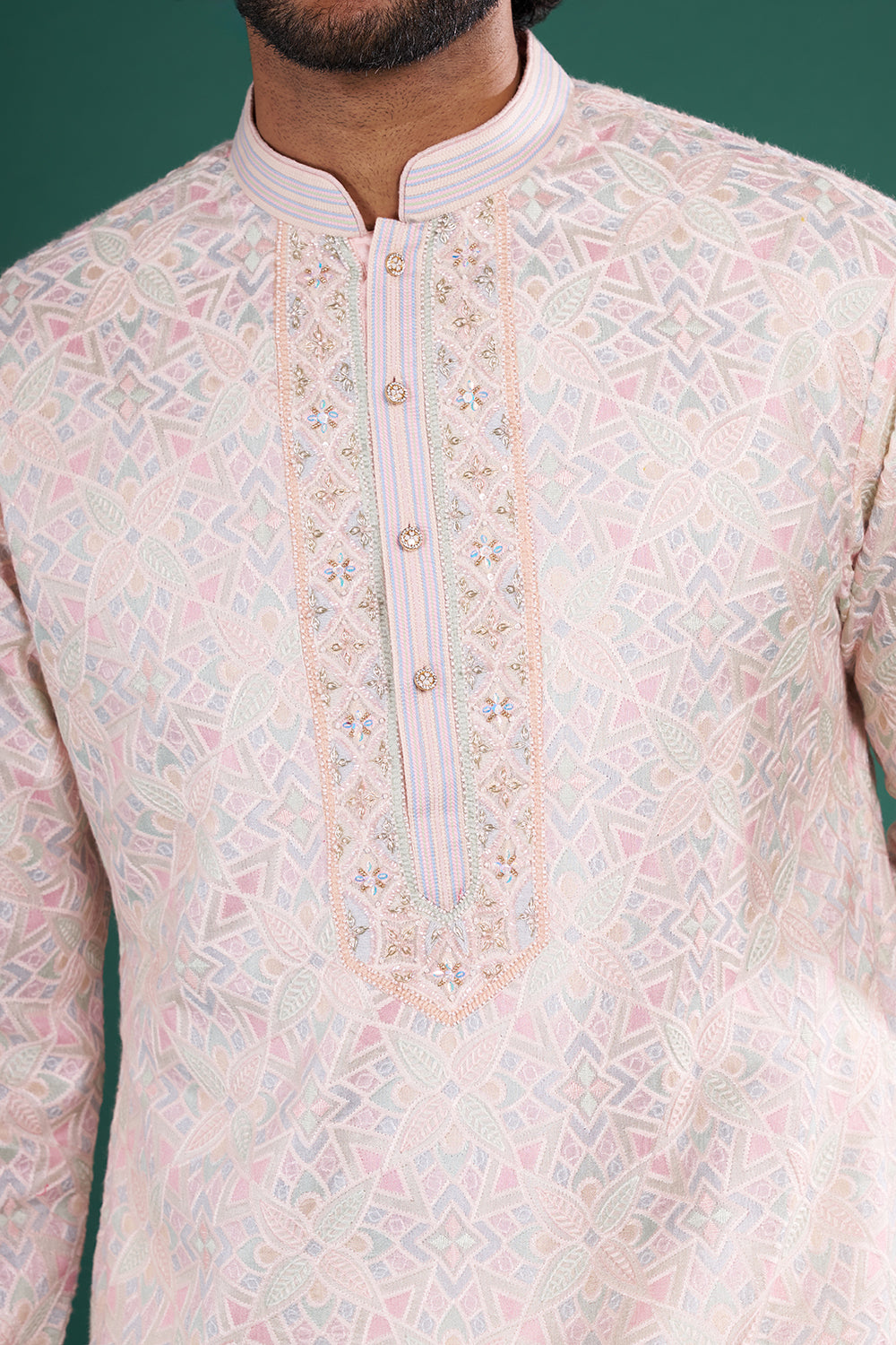 Pastel Pink Men's Embroidered Silk Blend Kurta Set