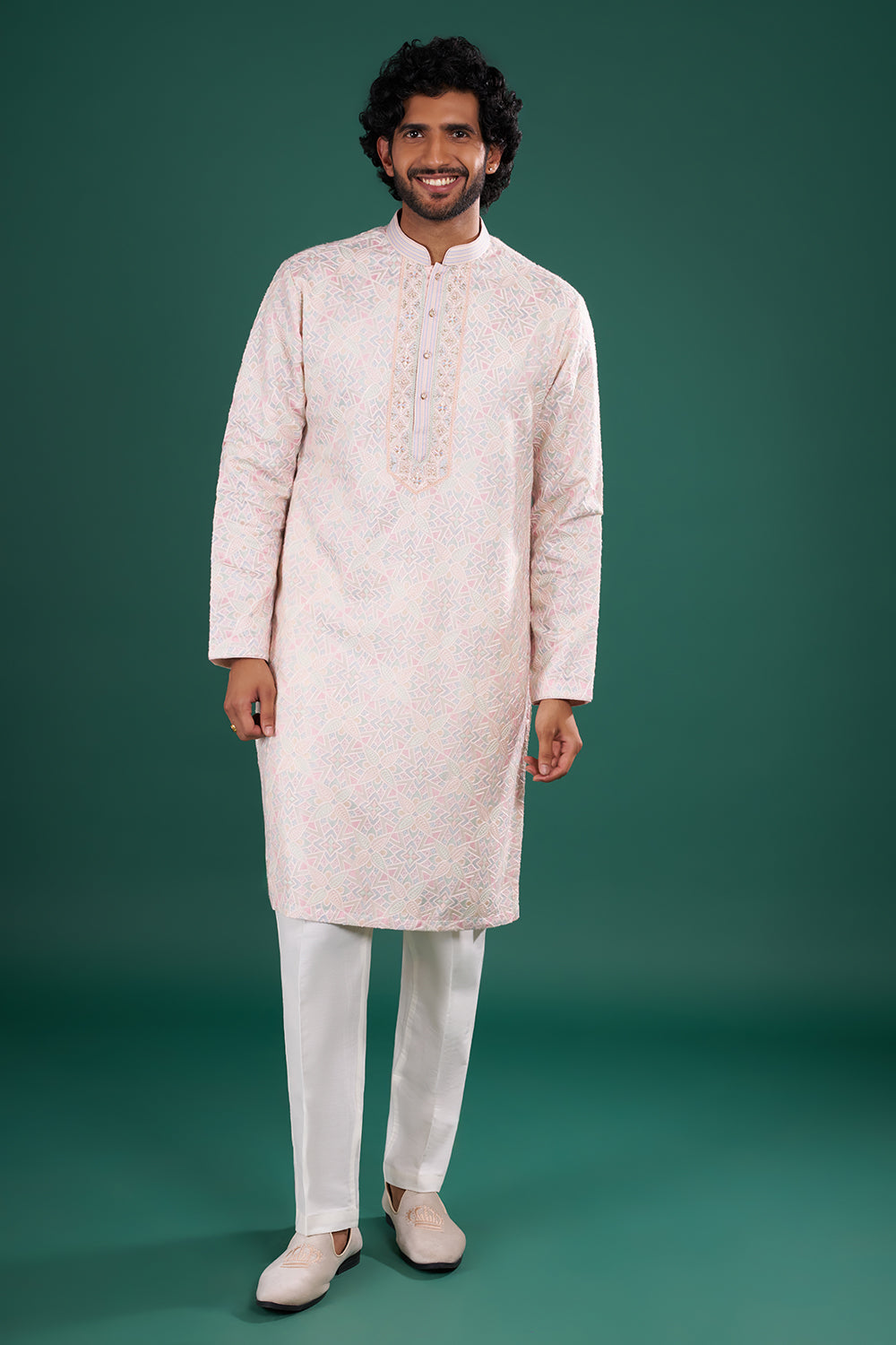 Pastel Pink Men's Embroidered Silk Blend Kurta Set