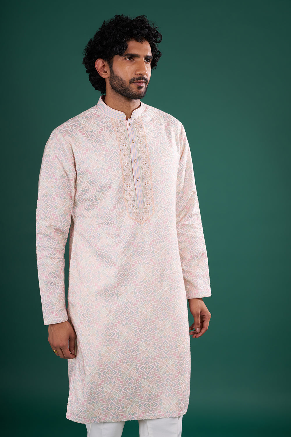 Pastel Pink Men's Embroidered Silk Blend Kurta Set